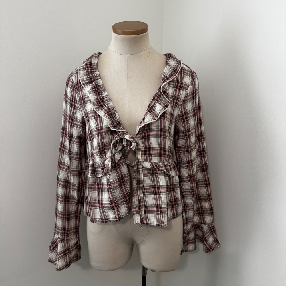 NEW American Eagle Large Plaid Tie Front Top Long Sleeve Western Boho Concert